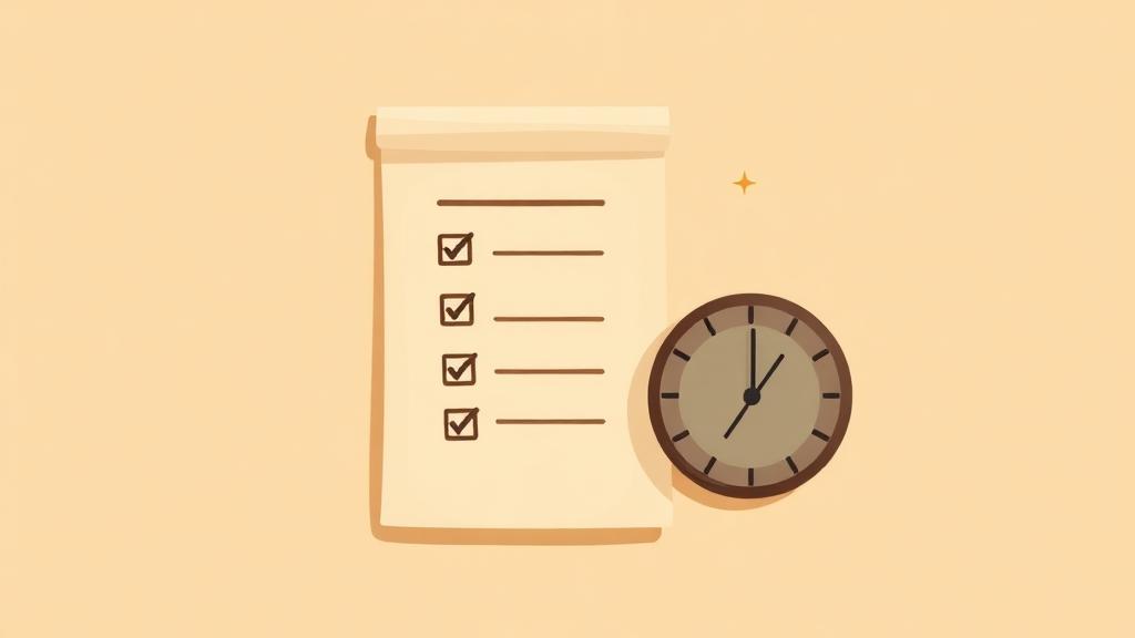 Illustration of a verified checklist next to a clock